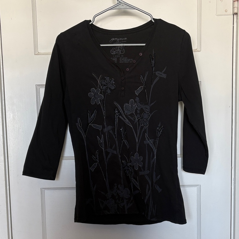 Greensource Signature Black Beaded Floral Women's Top Size L